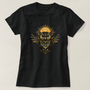 Camiseta Coruja Guardiã Celestial com Halo Solar Arte Folcl