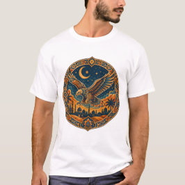 Camiseta Coruja Mística Árabe Crescente Lua Deserto Arte