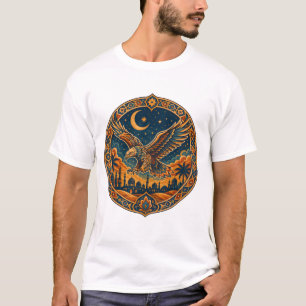 Camiseta Coruja Mística Árabe Crescente Lua Deserto Arte