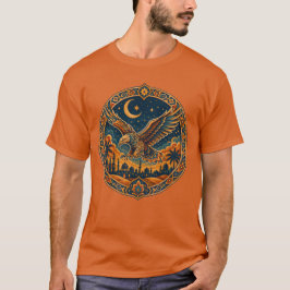 Camiseta Coruja Mística Árabe Crescente Lua Deserto Arte