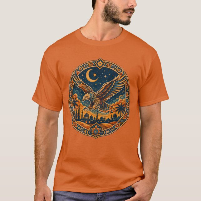 Camiseta Coruja Mística Árabe Crescente Lua Deserto Arte (Frente)