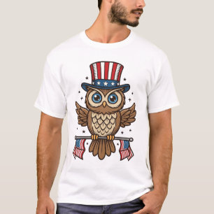Camiseta Coruja Patriótica Gráfica de Gravura Antiga_1