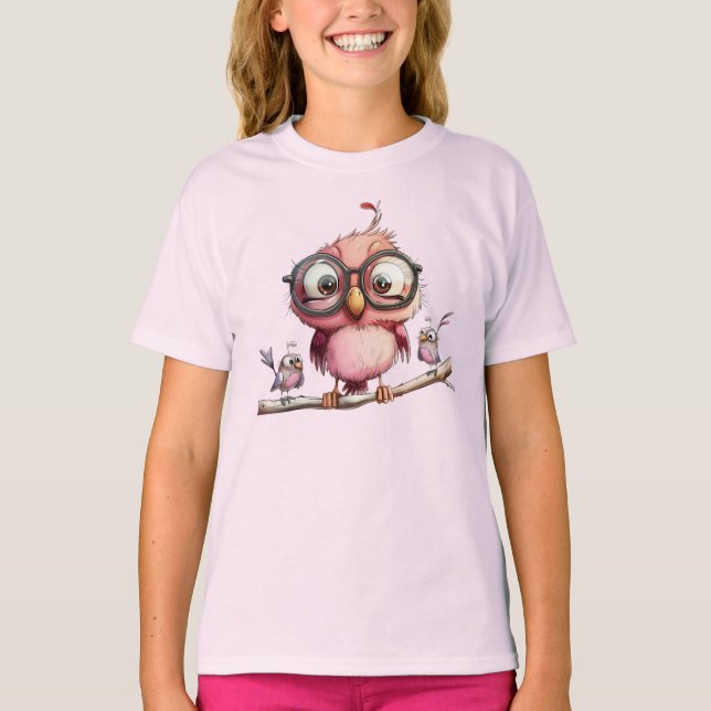 Camiseta Coruja Rosa Fofa & Amigos Pássaros (Frente)
