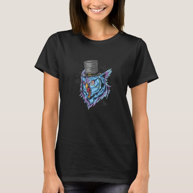 Camiseta Coruja Roxa Azul Esverdeado Com Triângulos Synthwa (Frente)