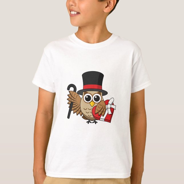 Camiseta Coruja sofisticada com caixa de chocolate cardíaco (Frente)