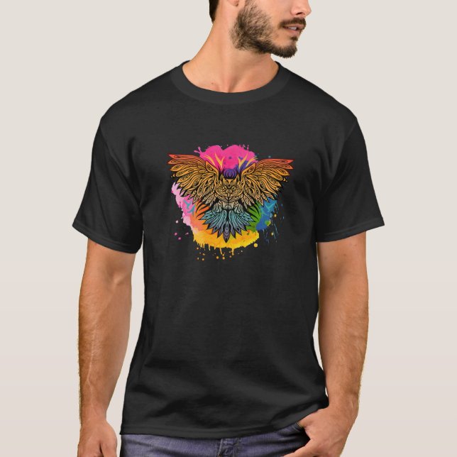 Camiseta Coruja Tribal Incrível Com Splash De Cores (Frente)