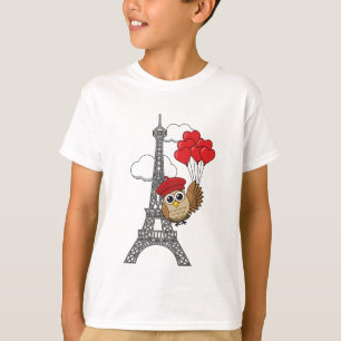 Camiseta Coruja voando com balões cardíacos em Paris