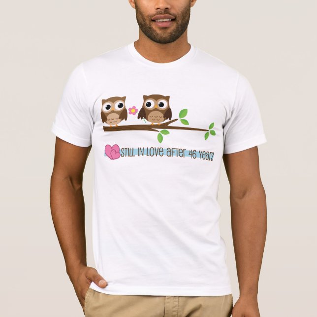 Camiseta Corujas de Aniversário de Casamento 46 (Frente)