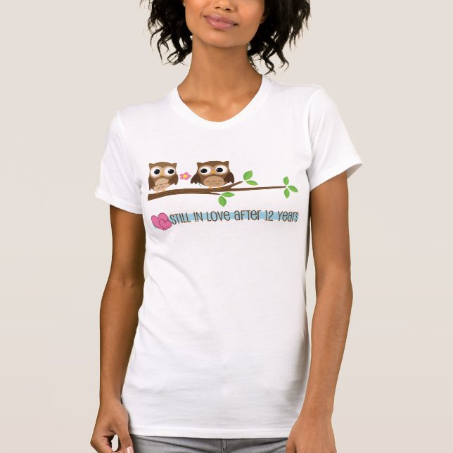 Camiseta Corujas de Aniversário de Casamento de 12 (Frente)