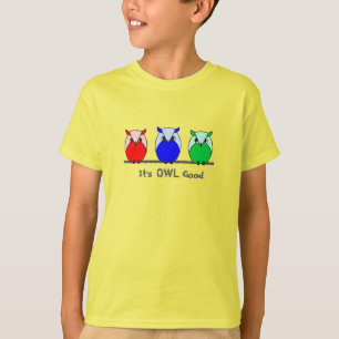 Camiseta Corujas de Cartoon Verde Vermelho Azul Brilhante e