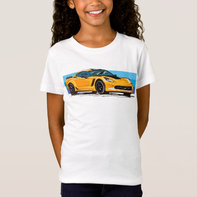 Camiseta Corvete Laranja C7 com faixas Azuis (Frente)