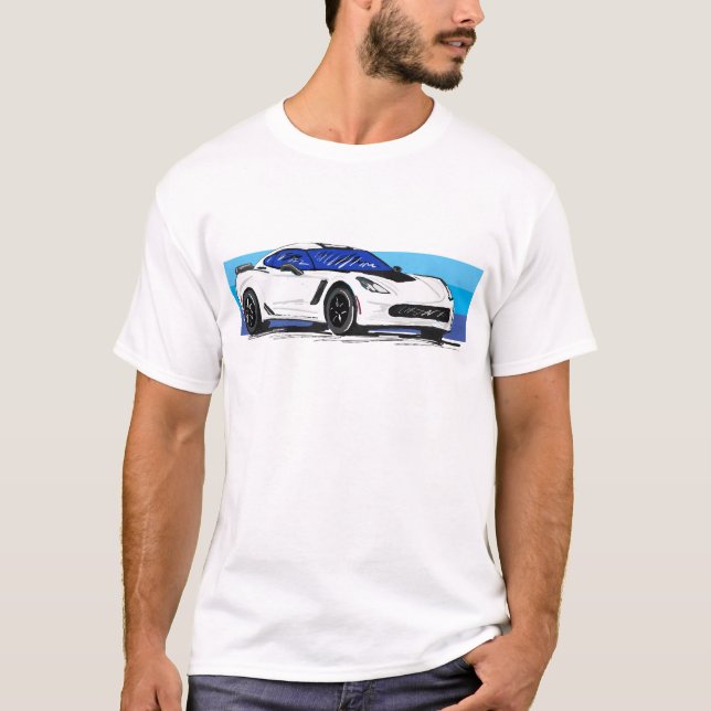 Camiseta Corvette C7 White Sportscar com Blue Stripe (Frente)