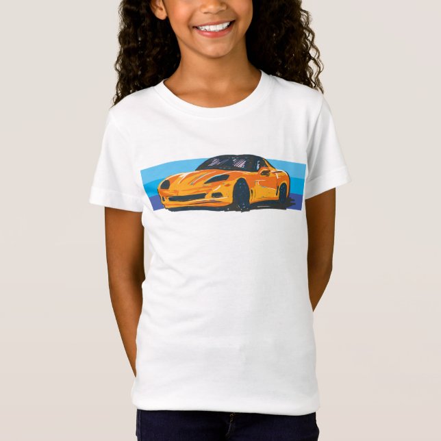 Camiseta Corvette laranja C6 com faixas azuis (Frente)