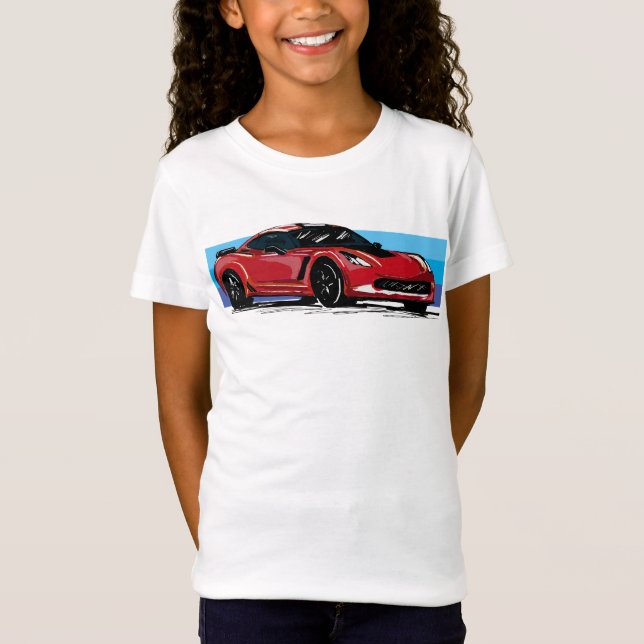 Camiseta Corvette vermelho C7 com faixas azuis (Frente)