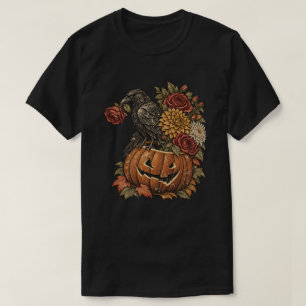 Camiseta Corvo Antigo em Abóbora com Flores de Outono