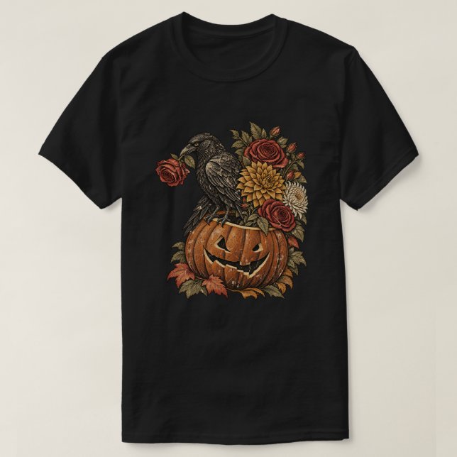 Camiseta Corvo Antigo em Abóbora com Flores de Outono (Frente do Design)