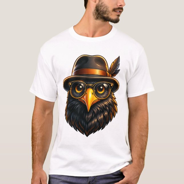 Camiseta Corvo Hipster com Chapéu & Óculos (Frente)