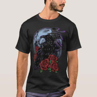 Camiseta Corvo Rosa Lua Assustador Preto Gótico Espiritador