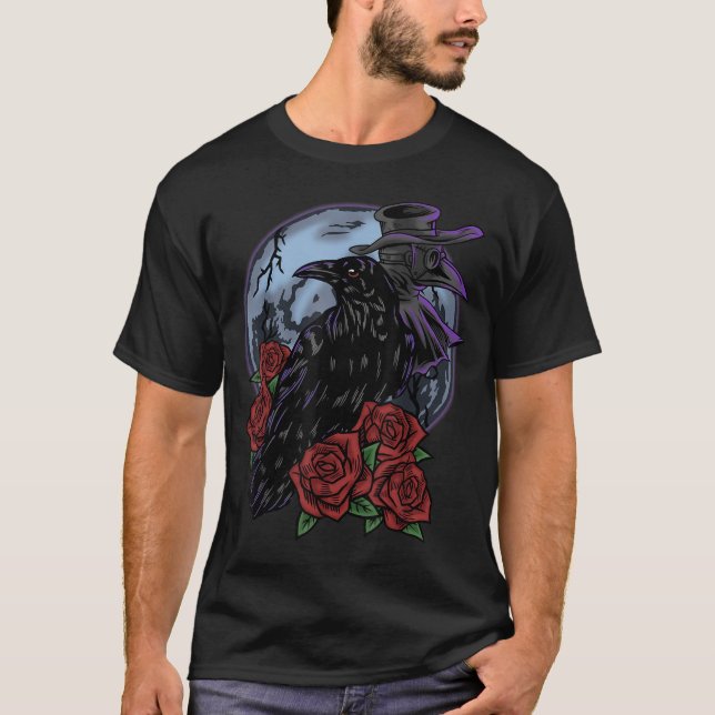 Camiseta Corvo Rosa Lua Assustador Preto Gótico Espiritador (Frente)
