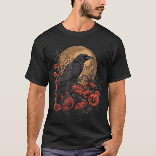 Camiseta Corvo Rosa Lua Assustador Preto Gótico Espiritual  (Frente)