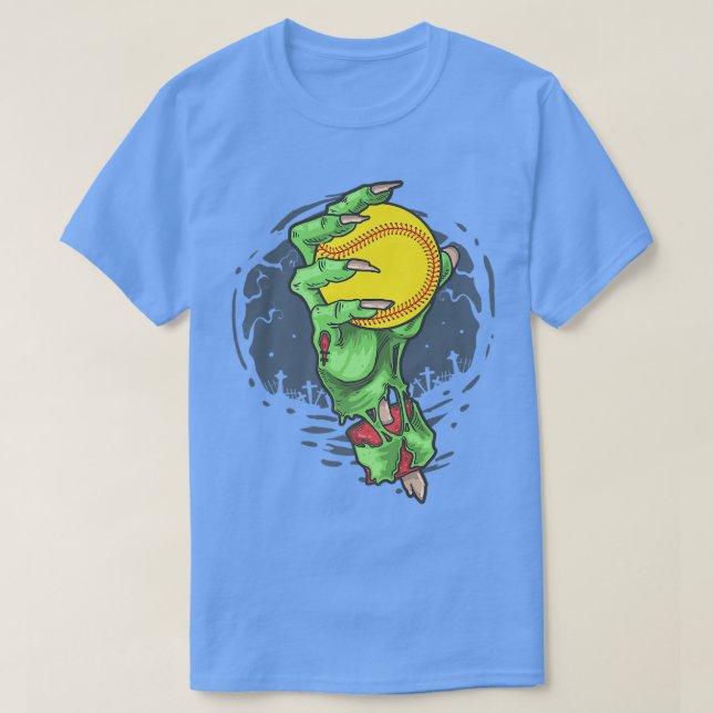 Camiseta Cos de Halloween do Jogador de Softball Mão Zombie (Frente do Design)