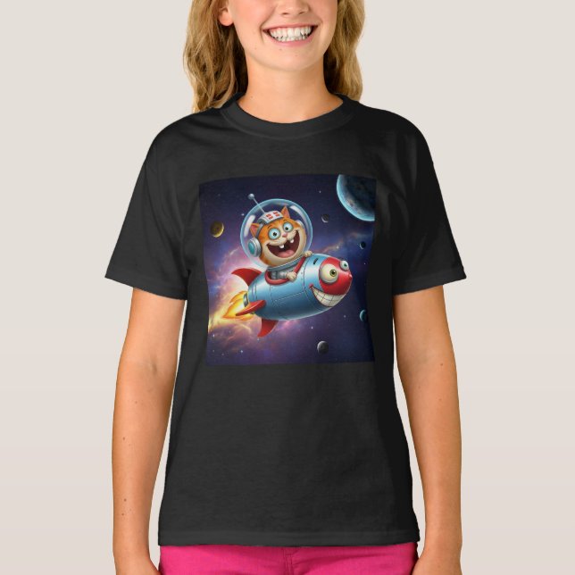 Camiseta Cosmic Kitty Rocket Ride Funny Space Cat Adventure (Frente)