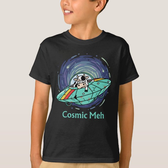 Camiseta Cosmic Meh, Bored Lazy Cow in Spaceship (Frente)