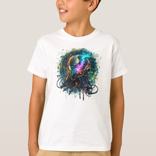 Camiseta Cosmic Neural Helmet – Sci-Fi Galaxy Lightning (Frente)