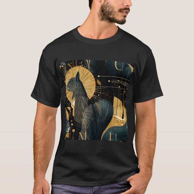 Camiseta Cosmic Squirrels – Black & Gold Art Deco Pattern (Frente)