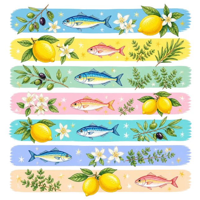 Camiseta Costeira de Peixe Mediterrâneo (Inspired by Mediterranean flavors and seaside charm, this colorful fish design features lemons, oliv)
