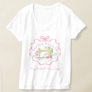 Camiseta Costura de Fita de Laço Rosa Branco
