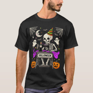 Camiseta Costura de Halloween Esqueleto Fantasma Assustador