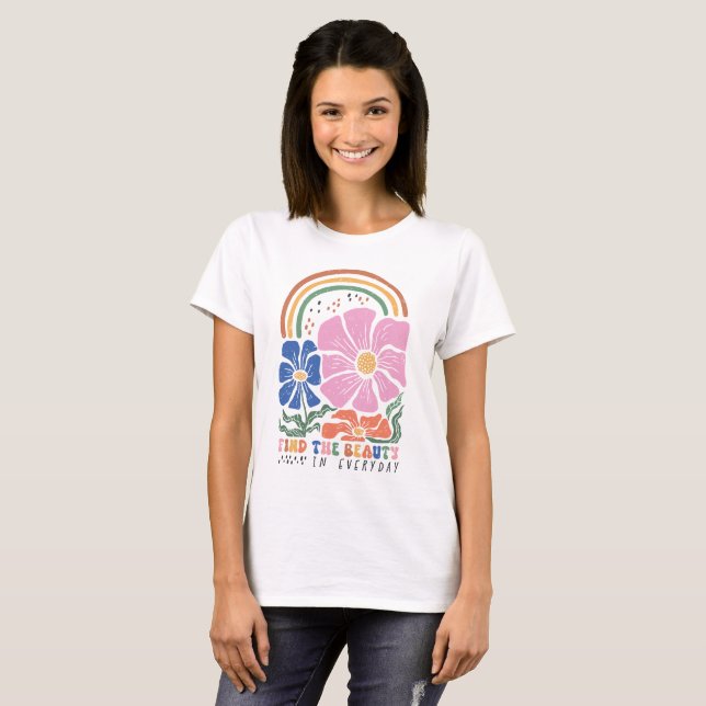 Camiseta Cota Floral do Arco-Íris Retro Boho (Frente Completa)