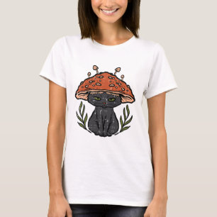 Camiseta Cottagecore Black Cat Mushroom Cute Women Ki