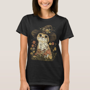 Camiseta Cottagecore Boho Aparência Desgastada Gato Bruxa