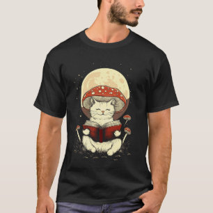 Camiseta Cottagecore Cogumelo Gato Lua Cheia Lendo um Livro