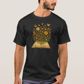 Camiseta Cottagecore Encantador Livro Antigo Aberto Flores 
