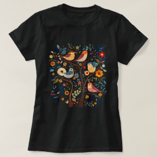 Camiseta Cottagecore Flores de Aves Escandinavas Folheiam N
