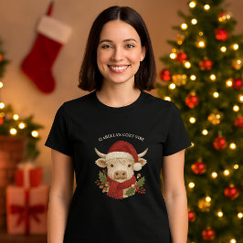 Camiseta Cottagecore Russo Highland Cow Santa Hat negro
