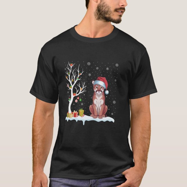 Camiseta Cougar Santa Hat Festiva Árvore Festiva Paja (Frente)