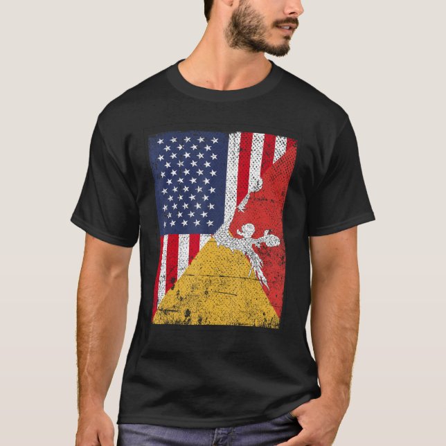 Camiseta Country Flag Design  Half USA Half Bhutan (Frente)