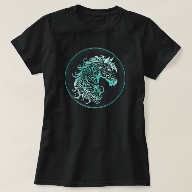 Camiseta Couro de cabeça de cavalo floral em teal (Frente do Design)