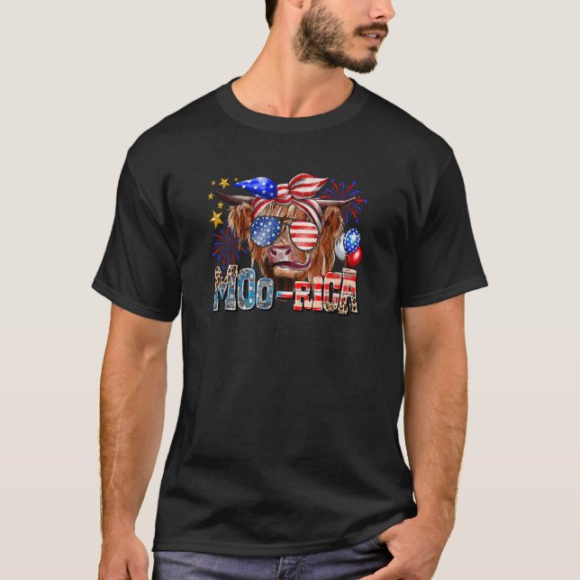 Camiseta Cow 4th of July Moorica Merica Men Women USA Flag  (Frente)