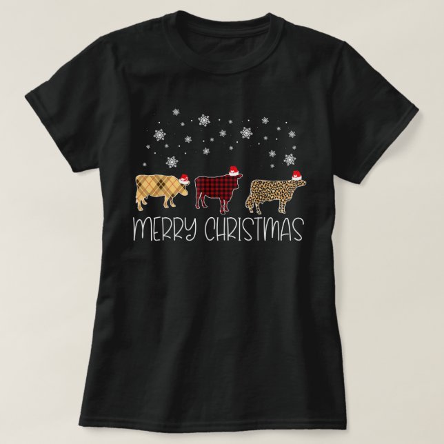 Camiseta Cow Merry Christmas Cute Plaid Leopard X-Mas Pajam (Frente do Design)