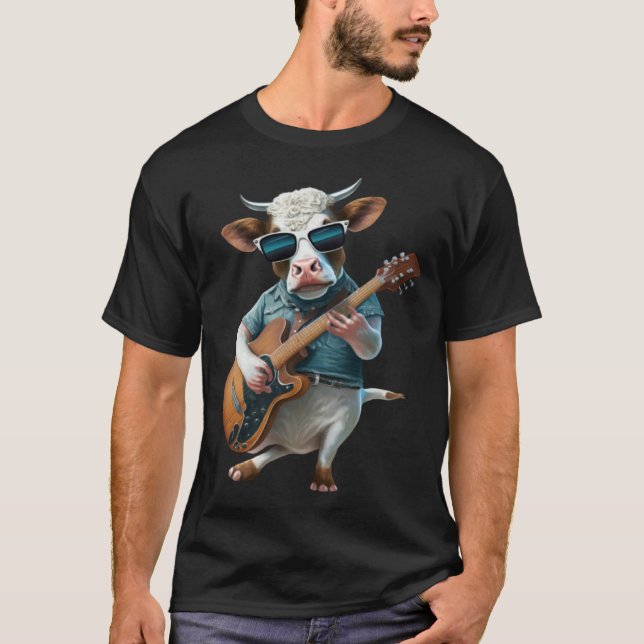 Camiseta Cow Playing Electric Guitar  Animal Cow  Guitar (Frente)