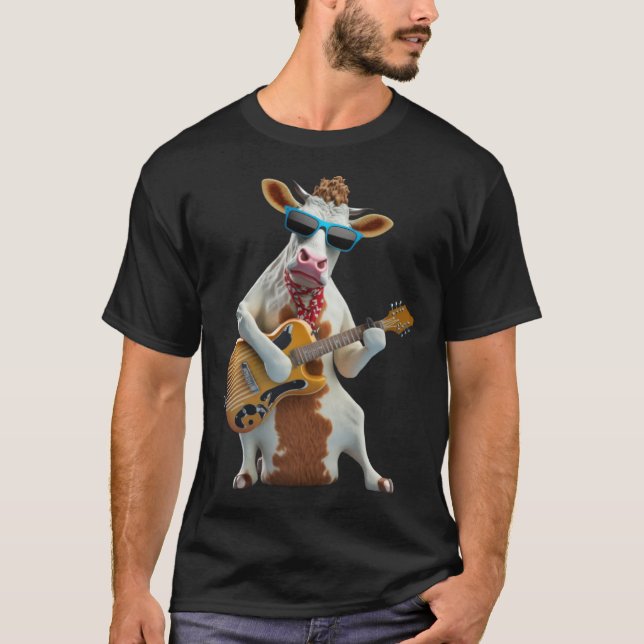 Camiseta Cow Playing Electric Guitar  Animal Cow  Guitar  1 (Frente)