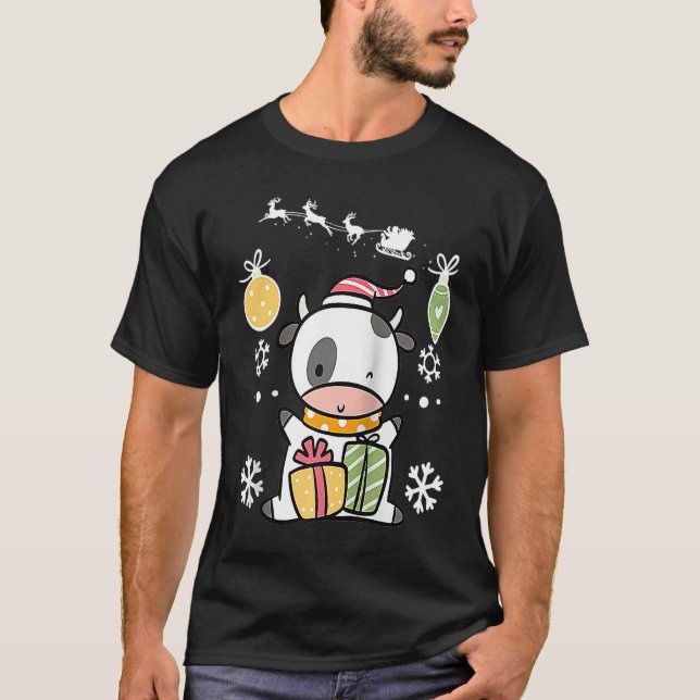 Camiseta Cow Reindeer with Christmas Lights and Pajamas for (Frente)