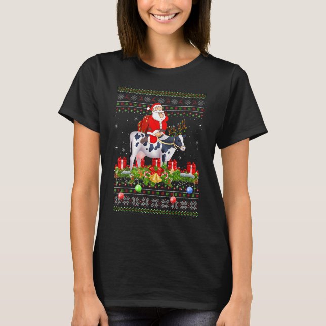 Camiseta Cow   Ugly Santa Riding Cow Christmas (Frente)