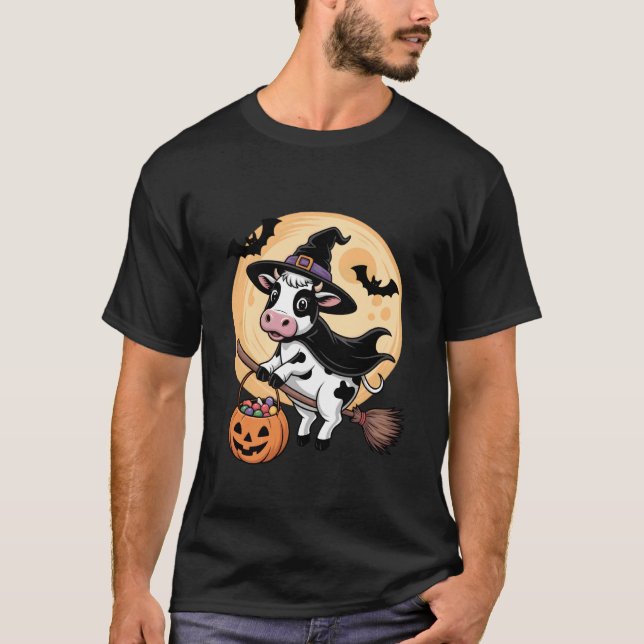 Camiseta Cow Witch Hat Pumpkin Halloween Costume Men Women  (Frente)