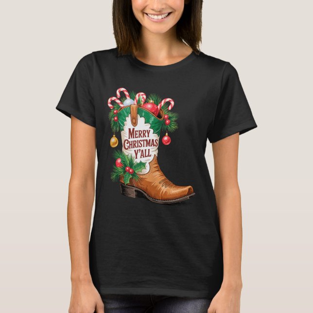 Camiseta Cowboy Boots Country Western Merry Christmas Y'all (Frente)